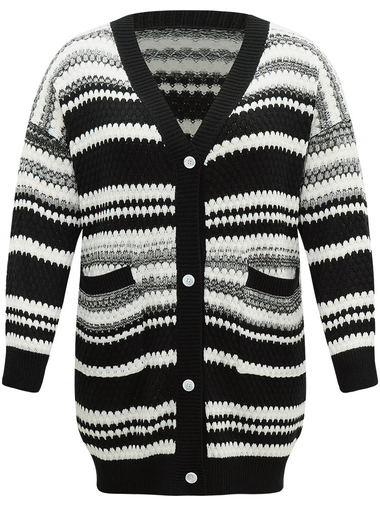 Striped Patched Pocket Button Up Cardigan Striped Patched Pocket Button Up Cardigan