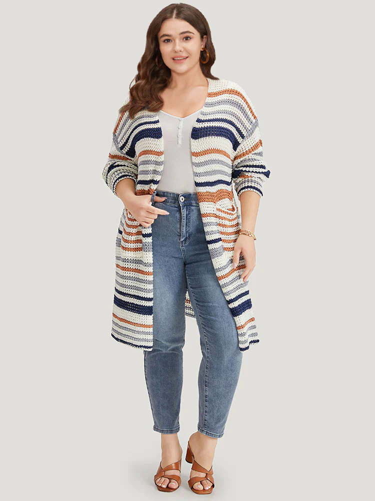 Contrast Striped Patched Pocket Split Side Cardigan Contrast Striped Patched Pocket Split Side Cardigan
