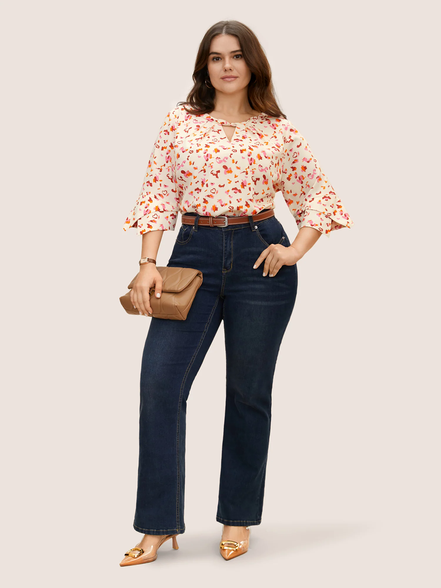 Allover Print Ruffle Sleeve Keyhole Blouse Allover Print Ruffle Sleeve Keyhole Blouse