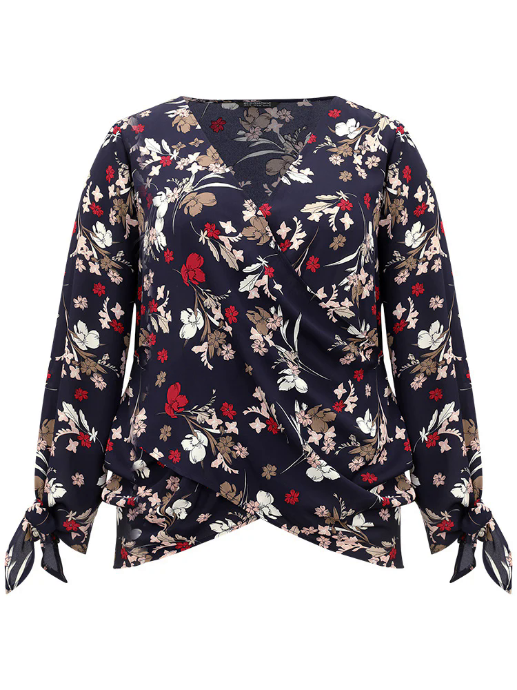 Floral V Neck Wrap Twist Sleeve Blouse Floral V Neck Wrap Twist Sleeve Blouse