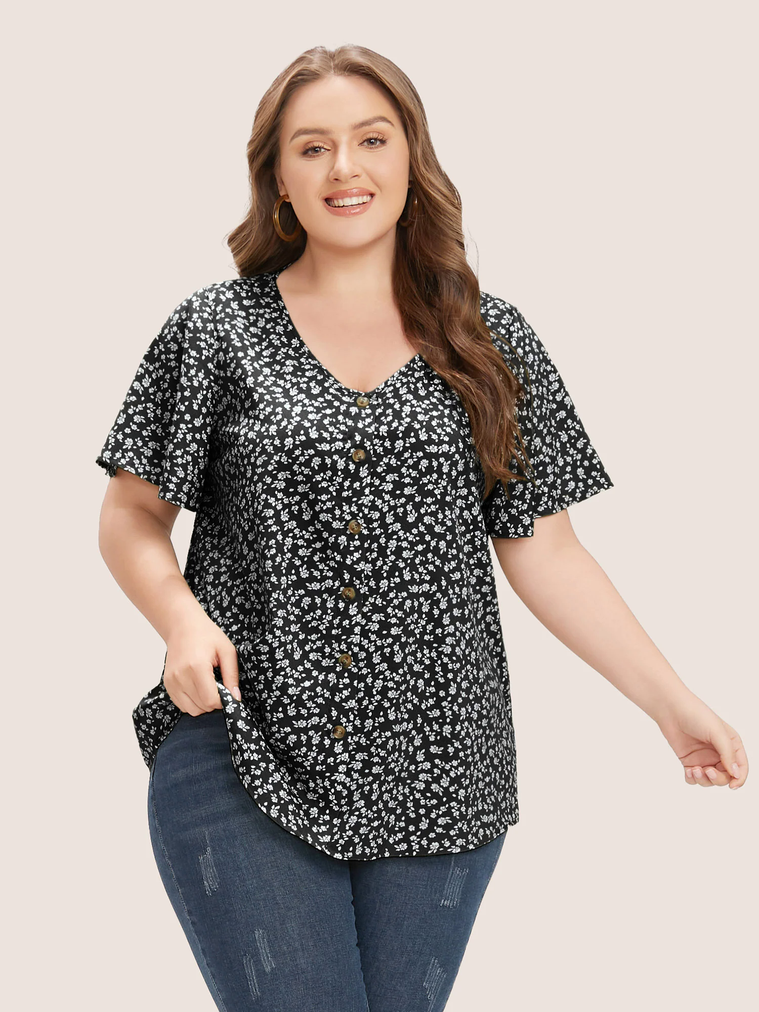 Ditsy Floral Ruffle Sleeve Button Detail Blouse Ditsy Floral Ruffle Sleeve Button Detail Blouse