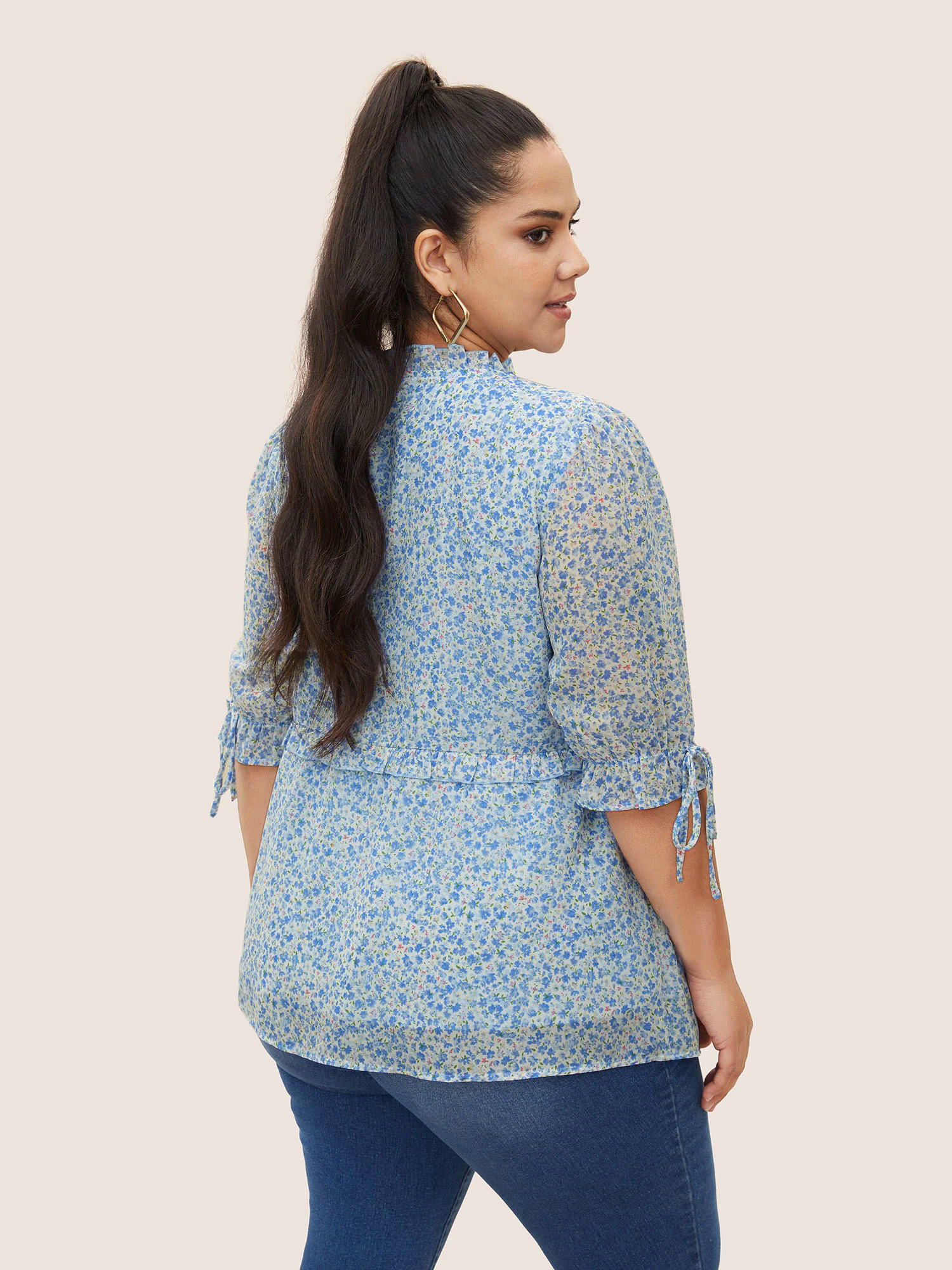 Chiffon Ditsy Floral Ruffles Shirred Ties Blouse Chiffon Ditsy Floral Ruffles Shirred Ties Blouse