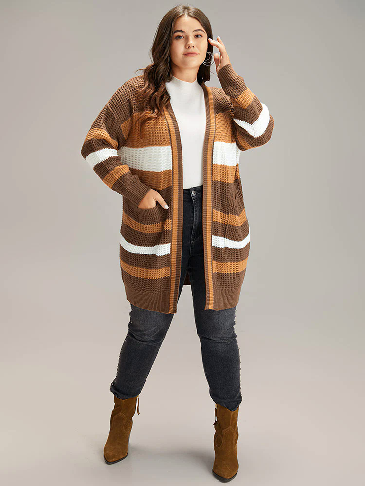 Contrast Open Front Patched Pocket Tunic Cardigan