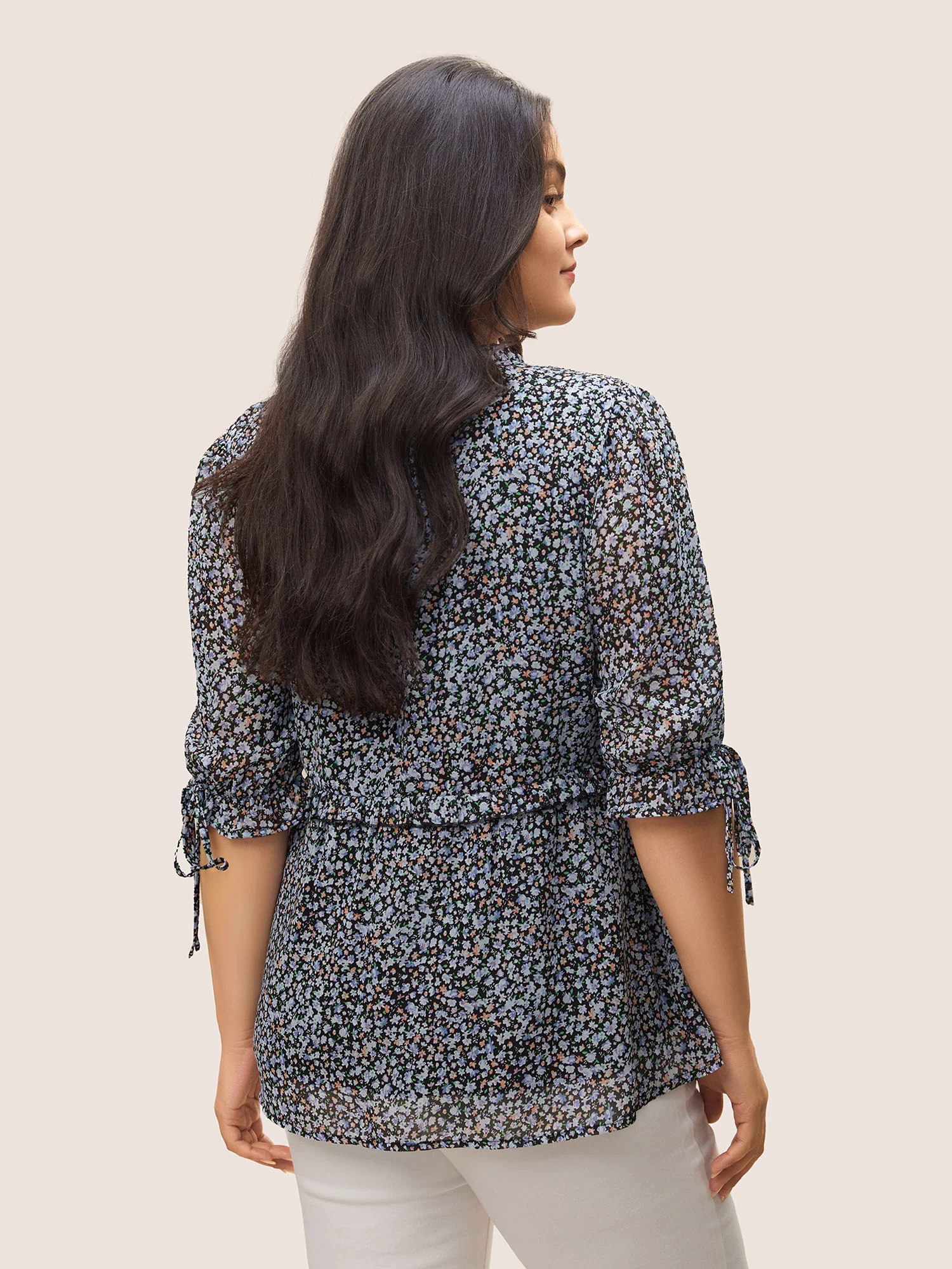Chiffon Ditsy Floral Ruffles Shirred Ties Blouse Chiffon Ditsy Floral Ruffles Shirred Ties Blouse