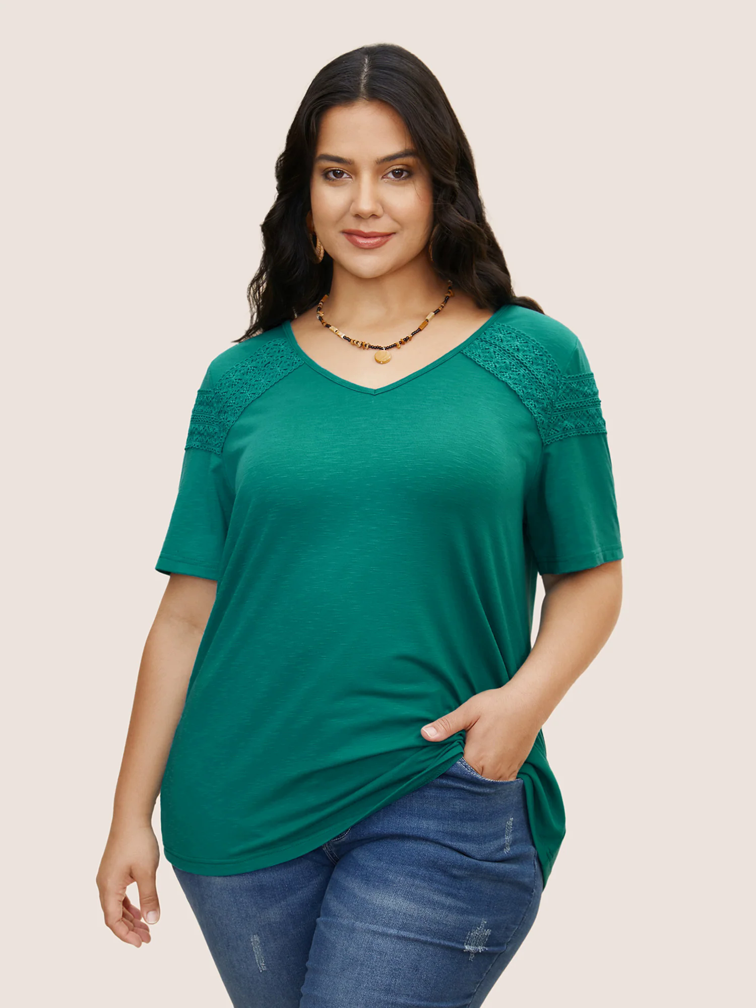 Plain V Neck Lace Panel T-shirt Plain V Neck Lace Panel T-shirt