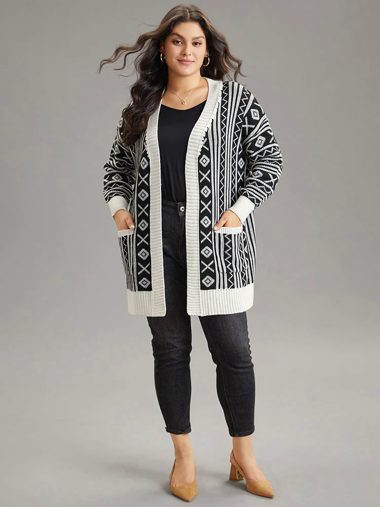 Geometric Bandana Contrast Pocket Cardigan Geometric Bandana Contrast Pocket Cardigan