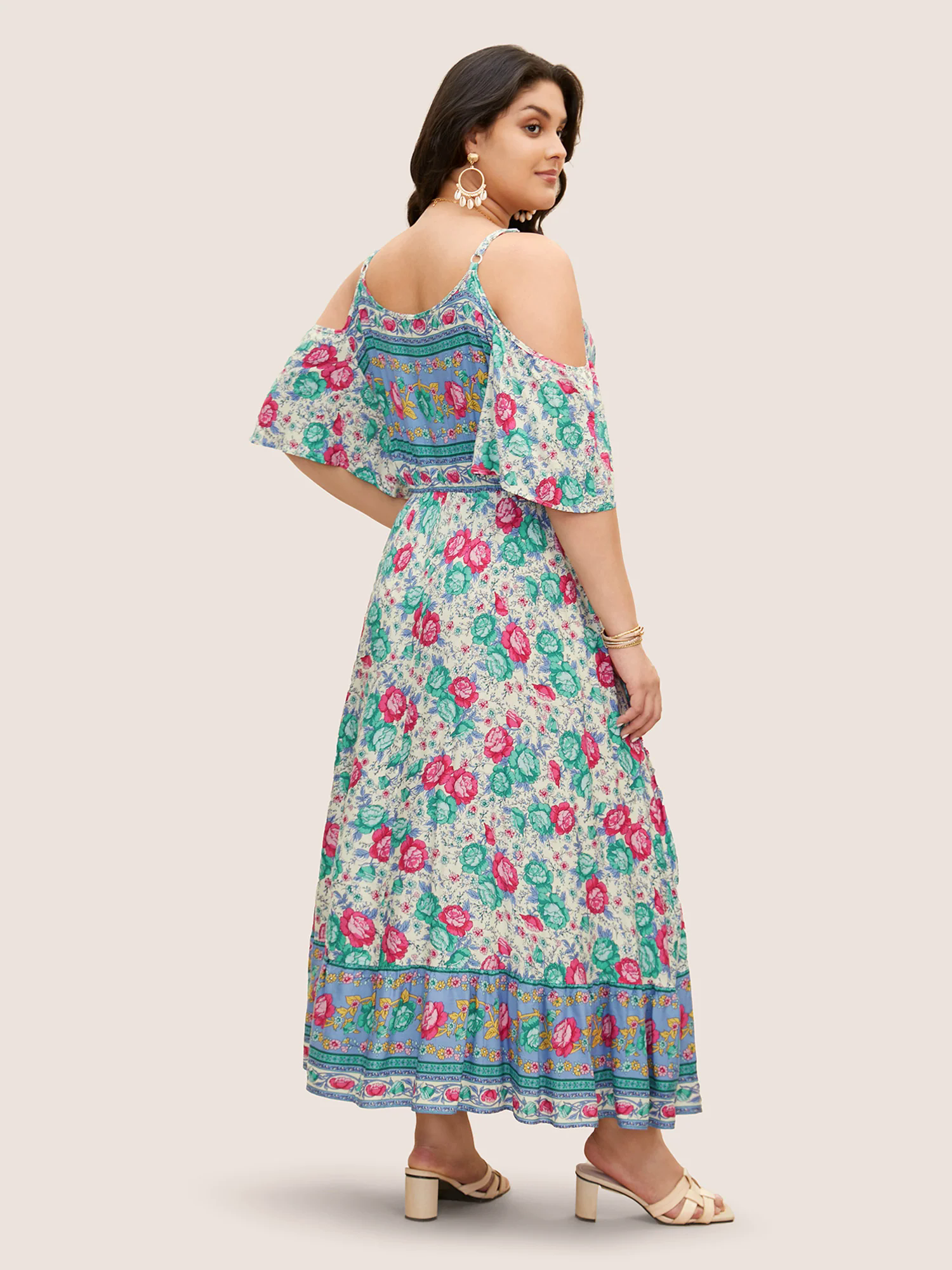 Floral Print Pocket Keyhole Ruffles Cold Shoulder Maxi Dress Floral Print Pocket Keyhole Ruffles Cold Shoulder Maxi Dress