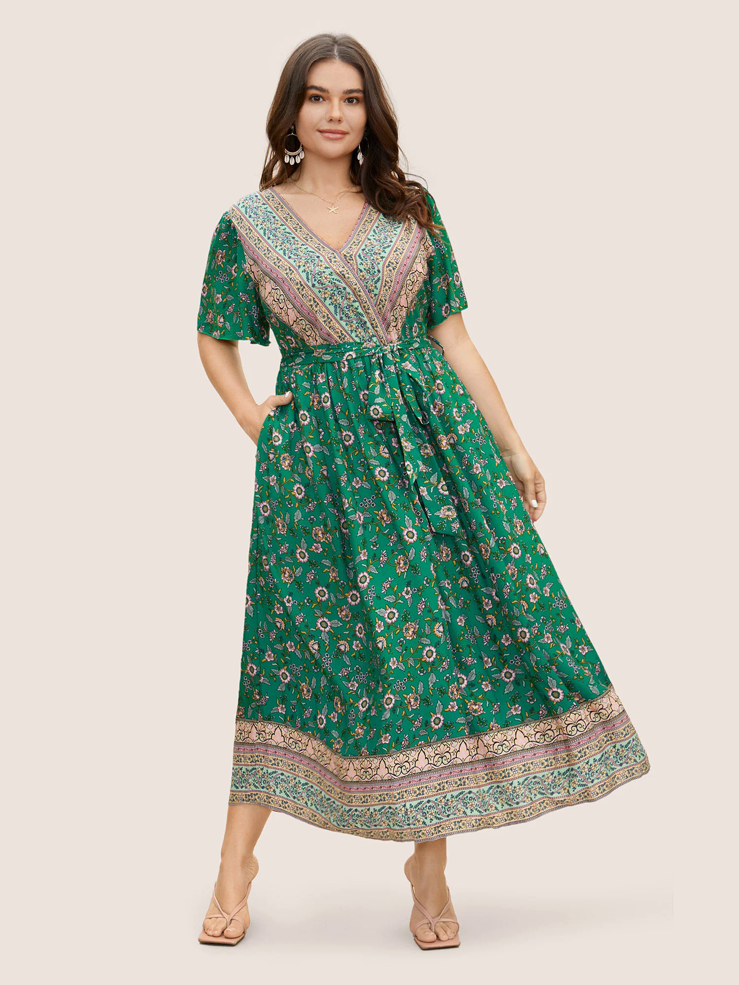 Bandana Surplice Neck Pocket Belted Flutter Hem Maxi Dress Bandana Surplice Neck Pocket Belted Flutter Hem Maxi Dress