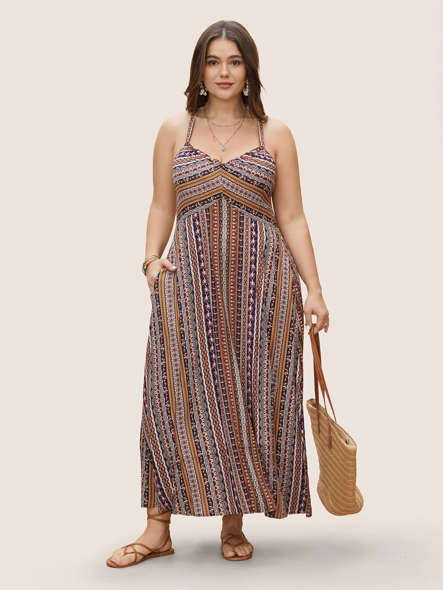 Boho Print Elastic Waist Split Hem Cami Dress