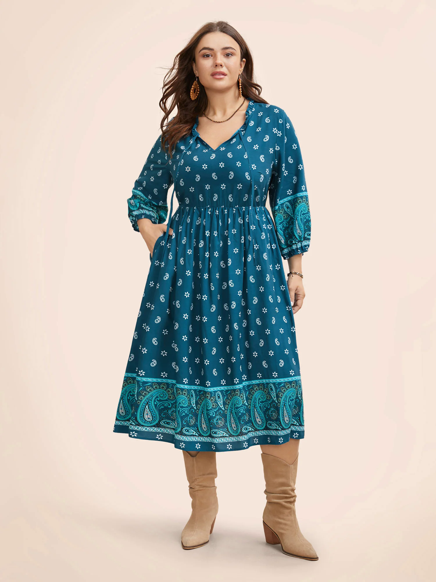 Paisley Print Tie Knot Lantern Sleeve Dress Paisley Print Tie Knot Lantern Sleeve Dress