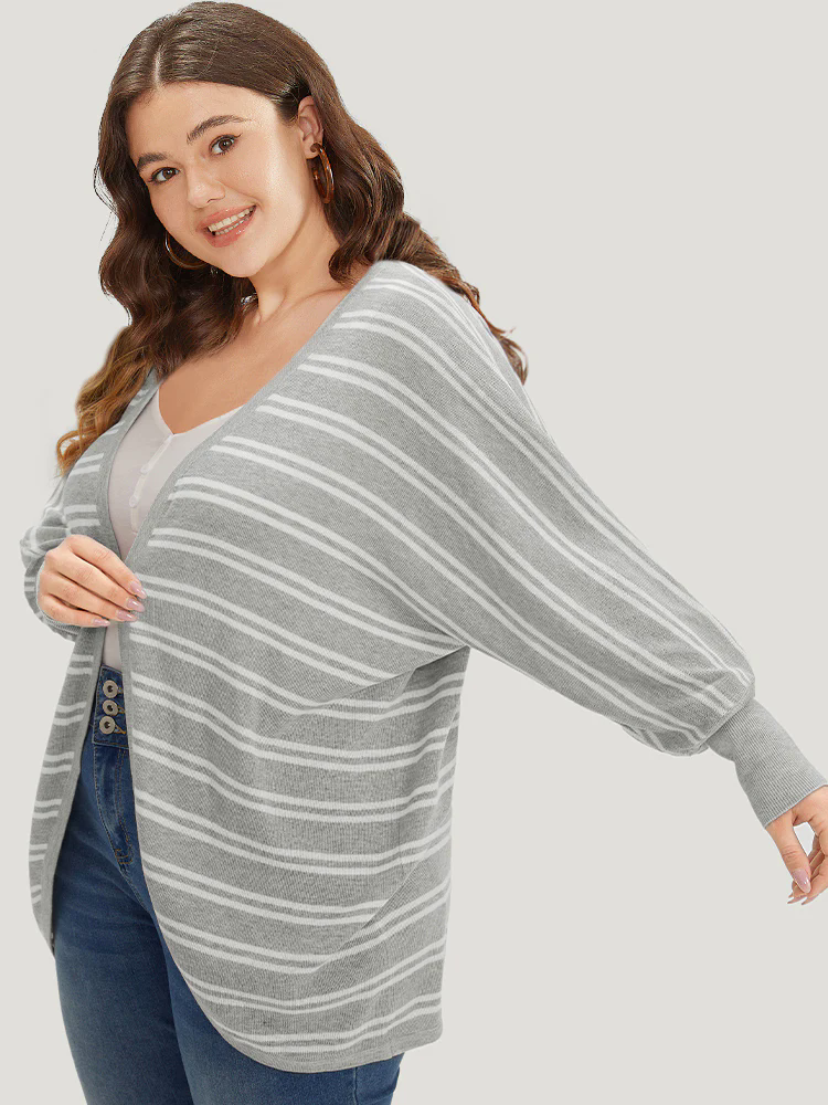 Striped Elastic Cuffs Arc Hem Cardigan Striped Elastic Cuffs Arc Hem Cardigan