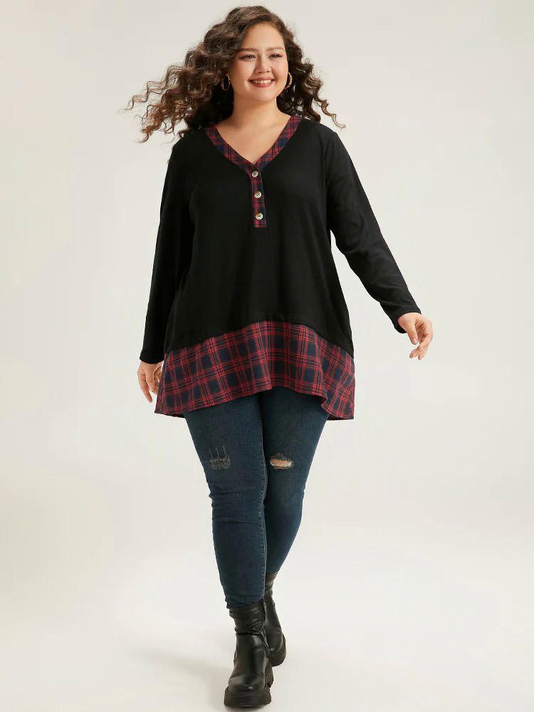 Plaid Patchwork Button Through T-shirt Plaid Patchwork Button Through T-shirt
