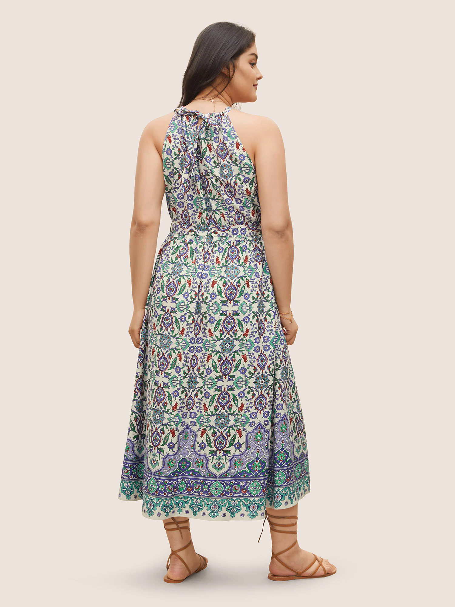 Boho Print Halter Gathered Belted Dress Boho Print Halter Gathered Belted Dress