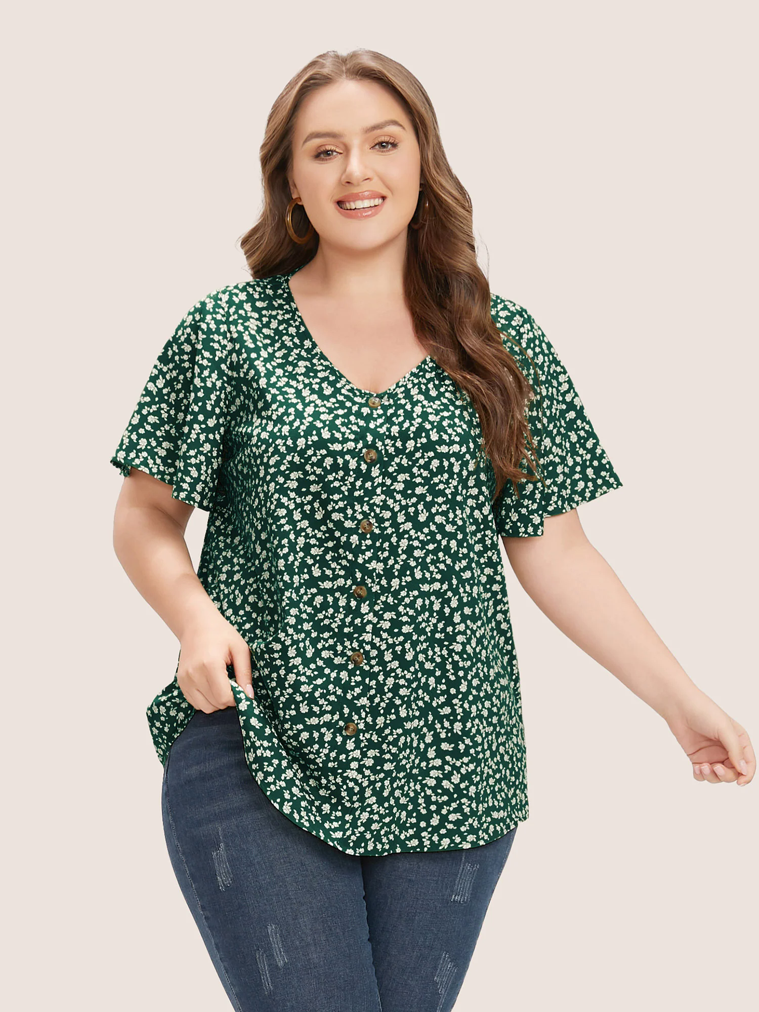 Ditsy Floral Ruffle Sleeve Button Detail Blouse Ditsy Floral Ruffle Sleeve Button Detail Blouse