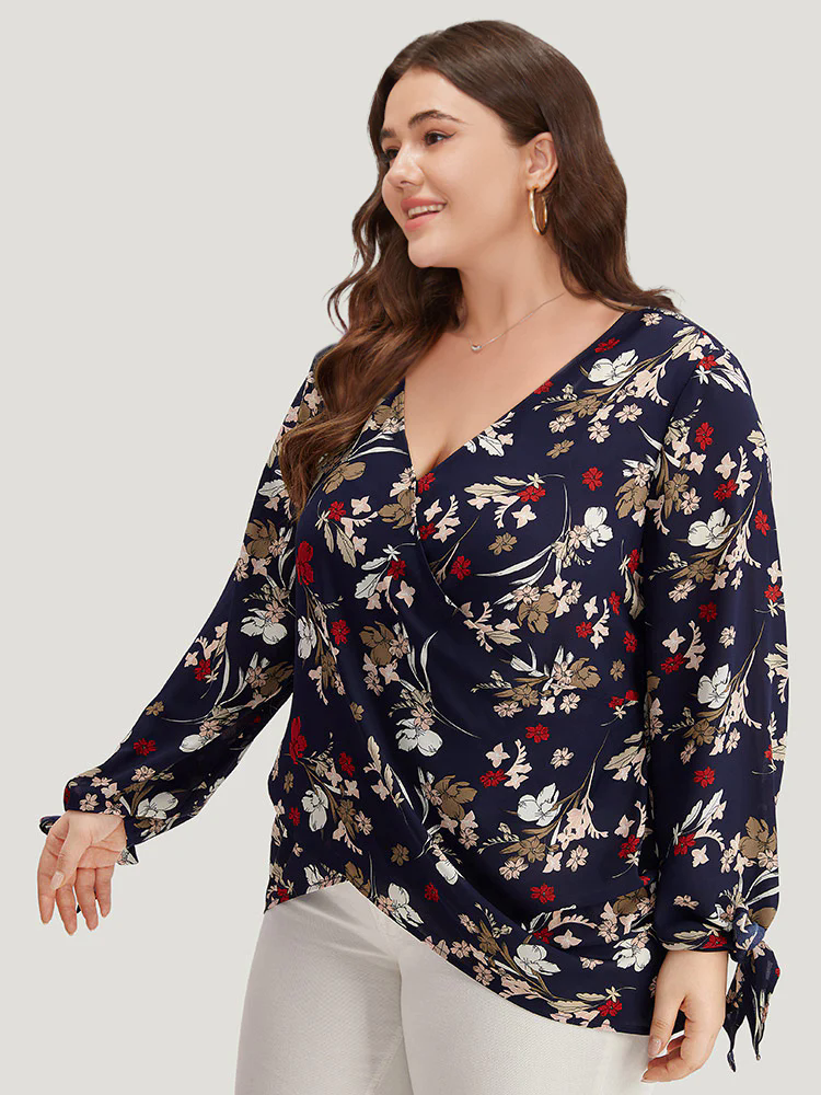 Floral V Neck Wrap Twist Sleeve Blouse Floral V Neck Wrap Twist Sleeve Blouse