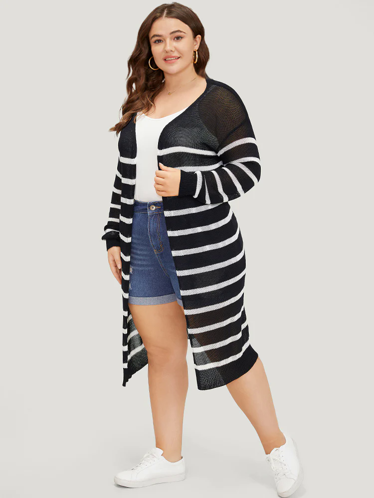 Striped Open Front Elastic Cuffs Drop Shoulder Cardigan