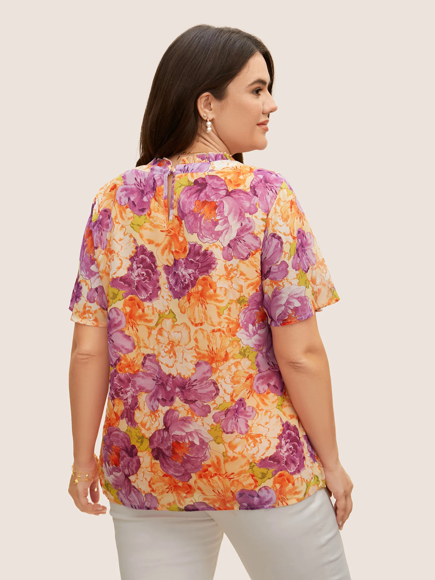 Mock Neck Contrast Floral Flutter Sleeve Blouse Mock Neck Contrast Floral Flutter Sleeve Blouse