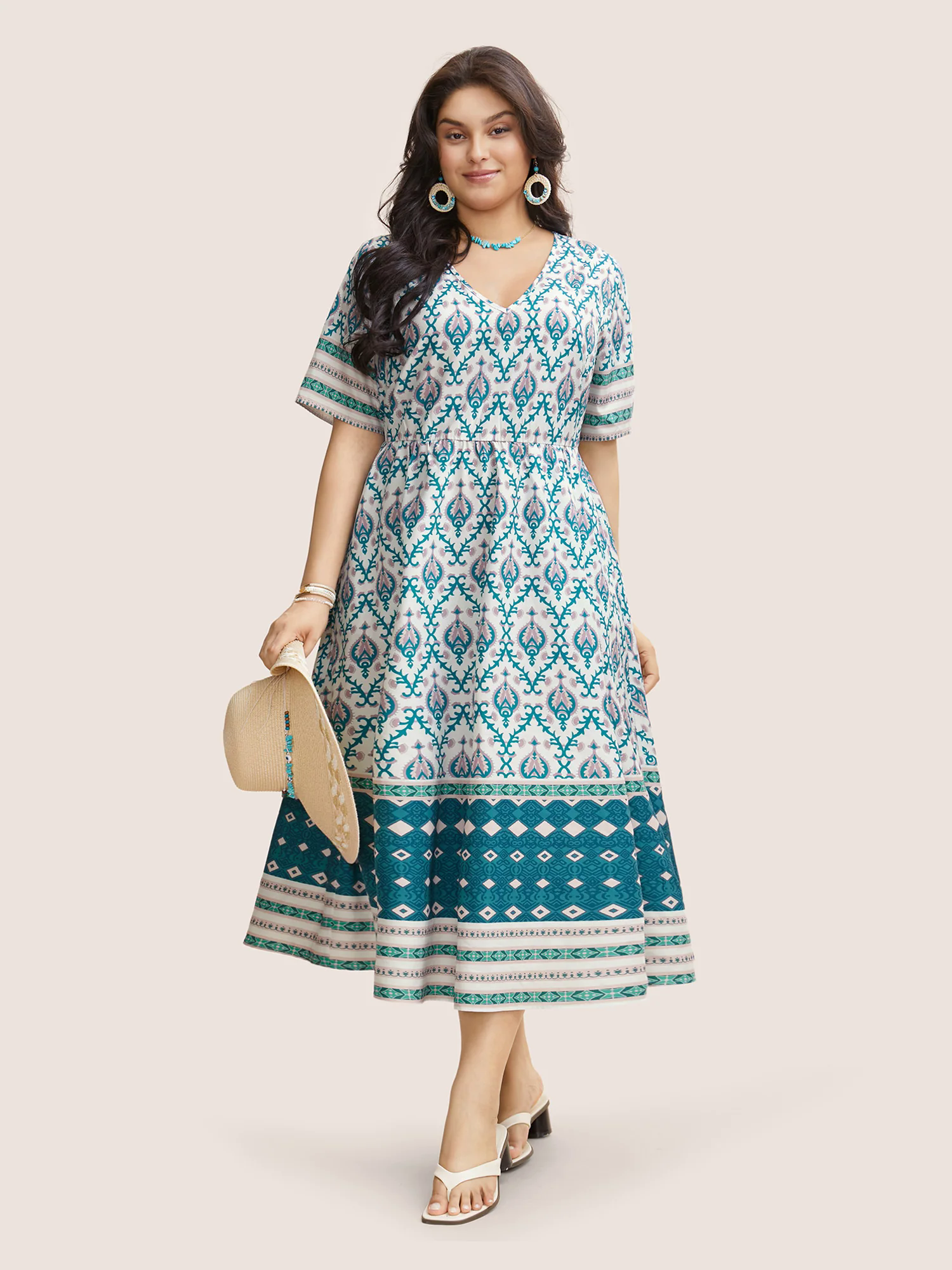 V Neck Boho Print Ruffle Sleeve Midi Dress