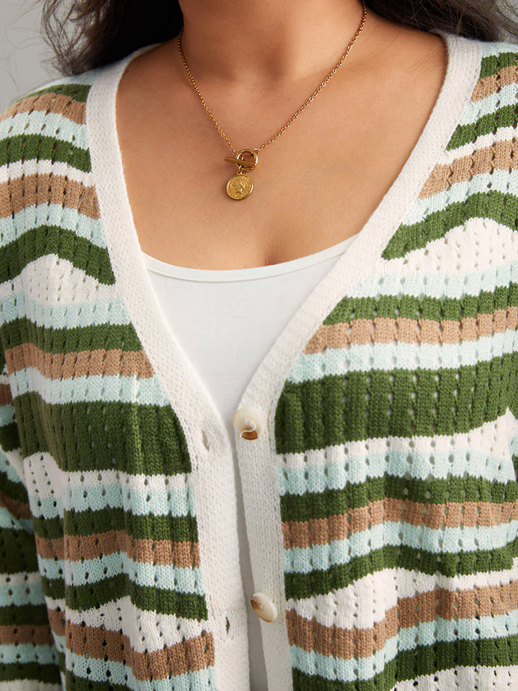 Striped Contrast Button Up Hollow Out Cardigan Striped Contrast Button Up Hollow Out Cardigan