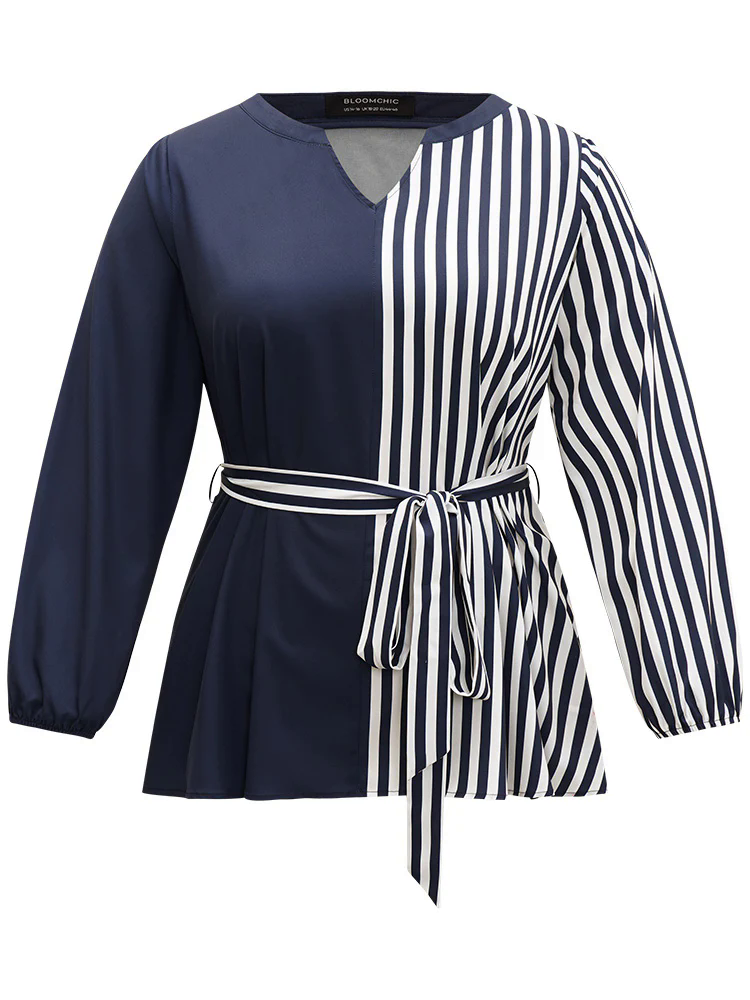 Striped Patchwork Notched Belted Lantern Sleeve Blouse Striped Patchwork Notched Belted Lantern Sleeve Blouse
