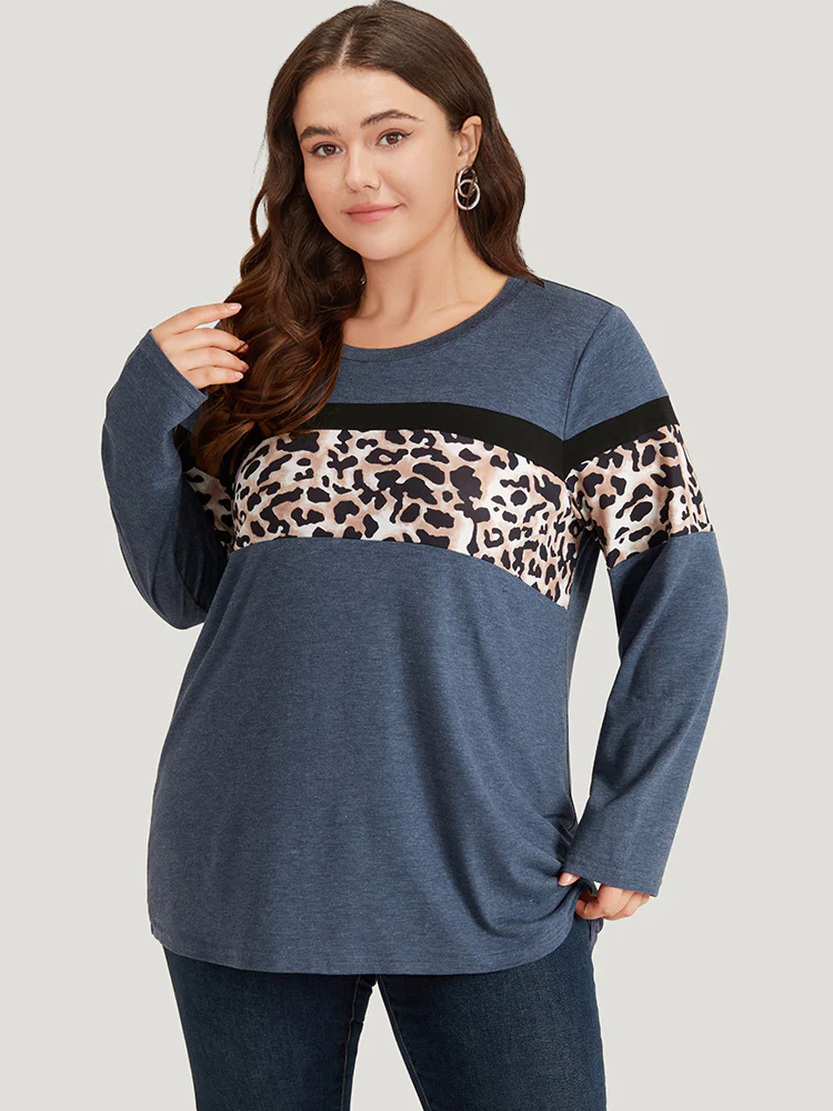 Leopard Heather Patchwork Crew Neck T-shirt Leopard Heather Patchwork Crew Neck T-shirt