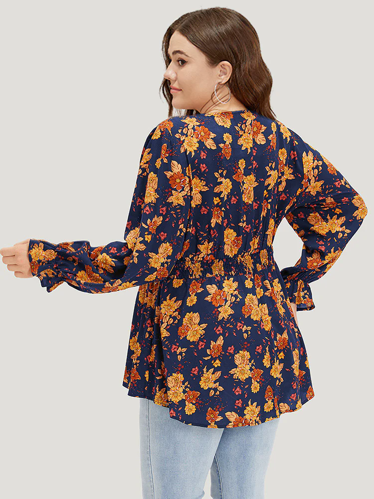 Floral Print Wrap Shirred Lantern Sleeve Blouse Floral Print Wrap Shirred Lantern Sleeve Blouse