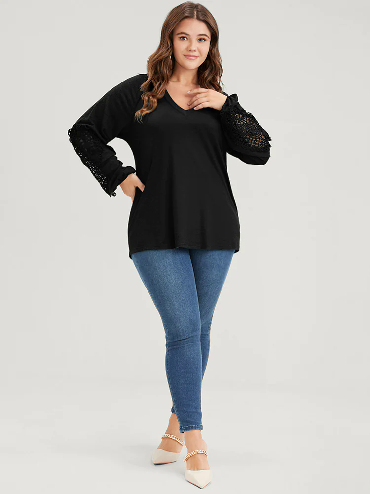 Solid Cut Out Eyelet Lace Long Tee