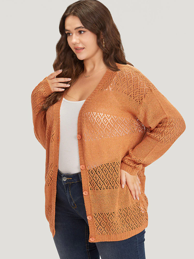 Plain Geometric Eyelet Button Through Loose Cardigan