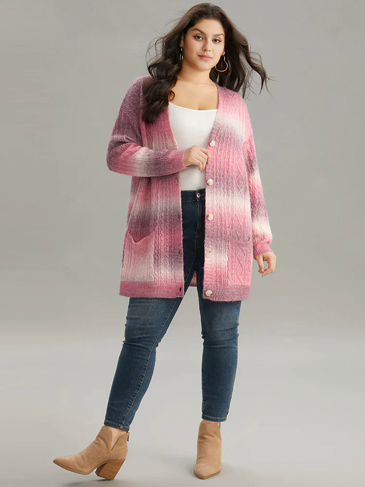 Ombre Cable Knit Patched Pocket Cardigan Ombre Cable Knit Patched Pocket Cardigan
