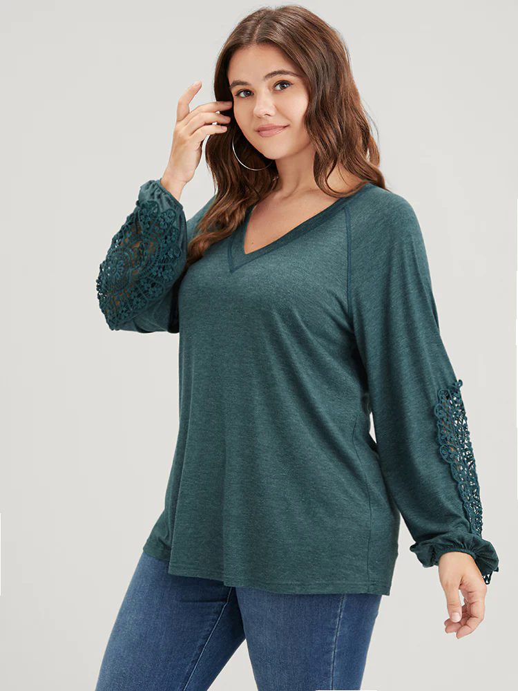 Solid Cut Out Eyelet Lace Long Tee