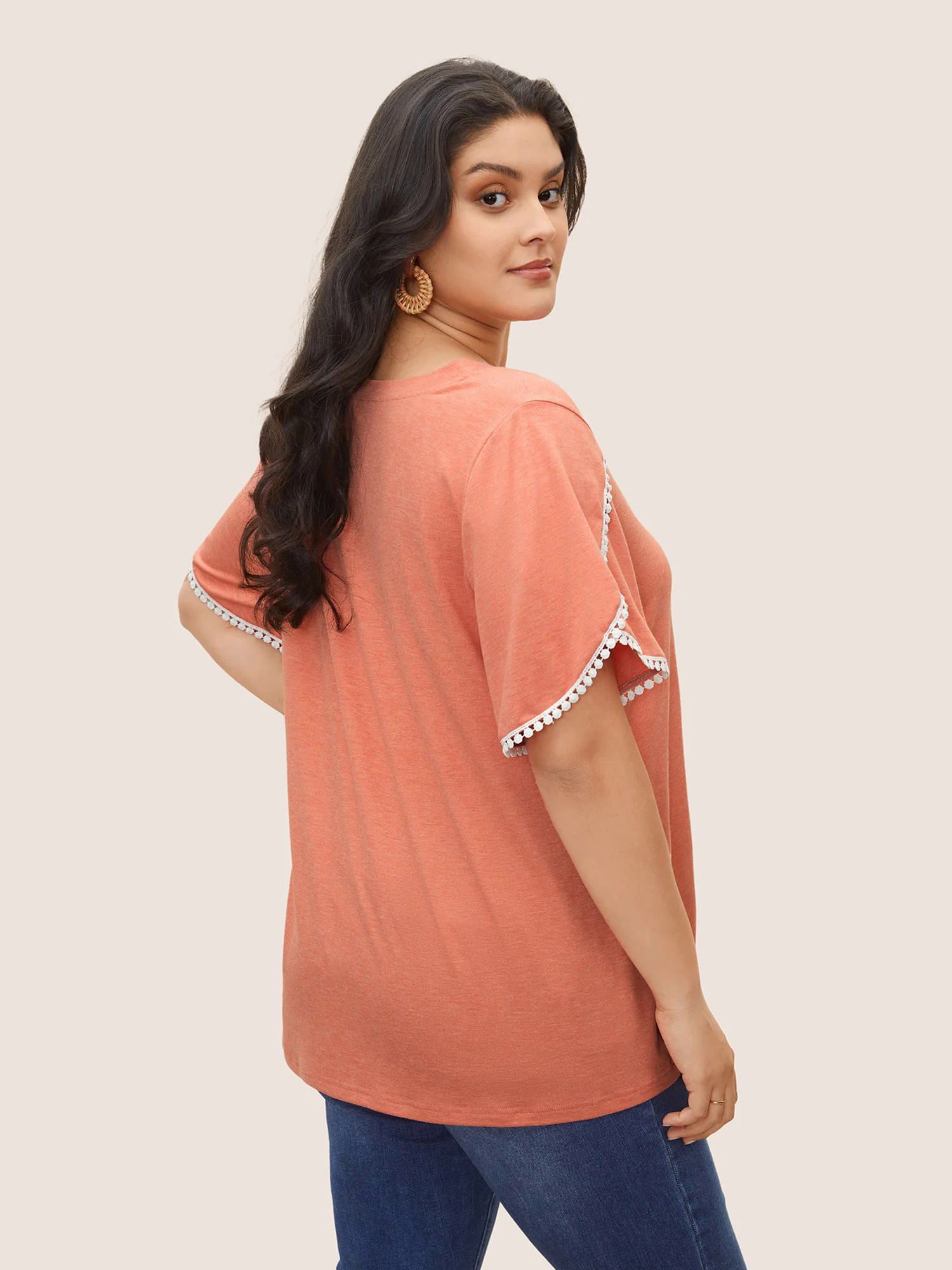 Plain Pompom Trim Petal Sleeve T-shirt Plain Pompom Trim Petal Sleeve T-shirt