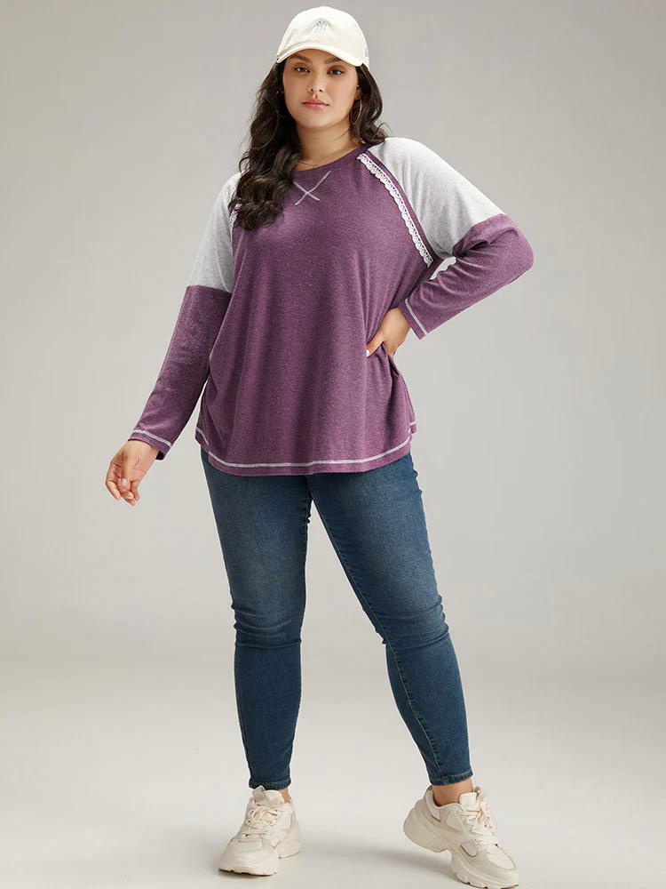 Two Tone Lace Trim Stitch Raglan Sleeve T-shirt Two Tone Lace Trim Stitch Raglan Sleeve T-shirt