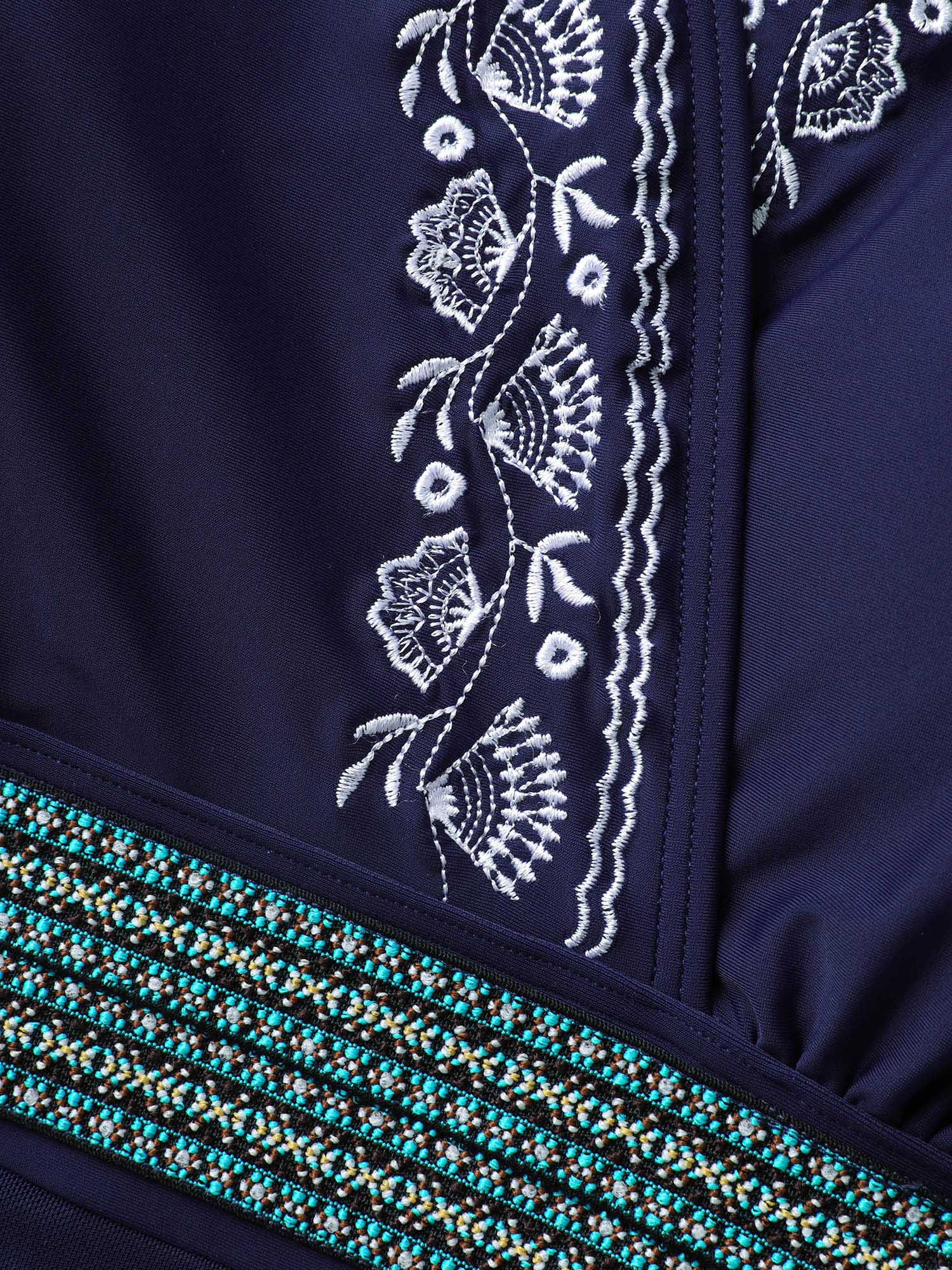 Overlap Collar Floral Embroidered Contrast Webbing Swim Dress Overlap Collar Floral Embroidered Contrast Webbing Swim Dress