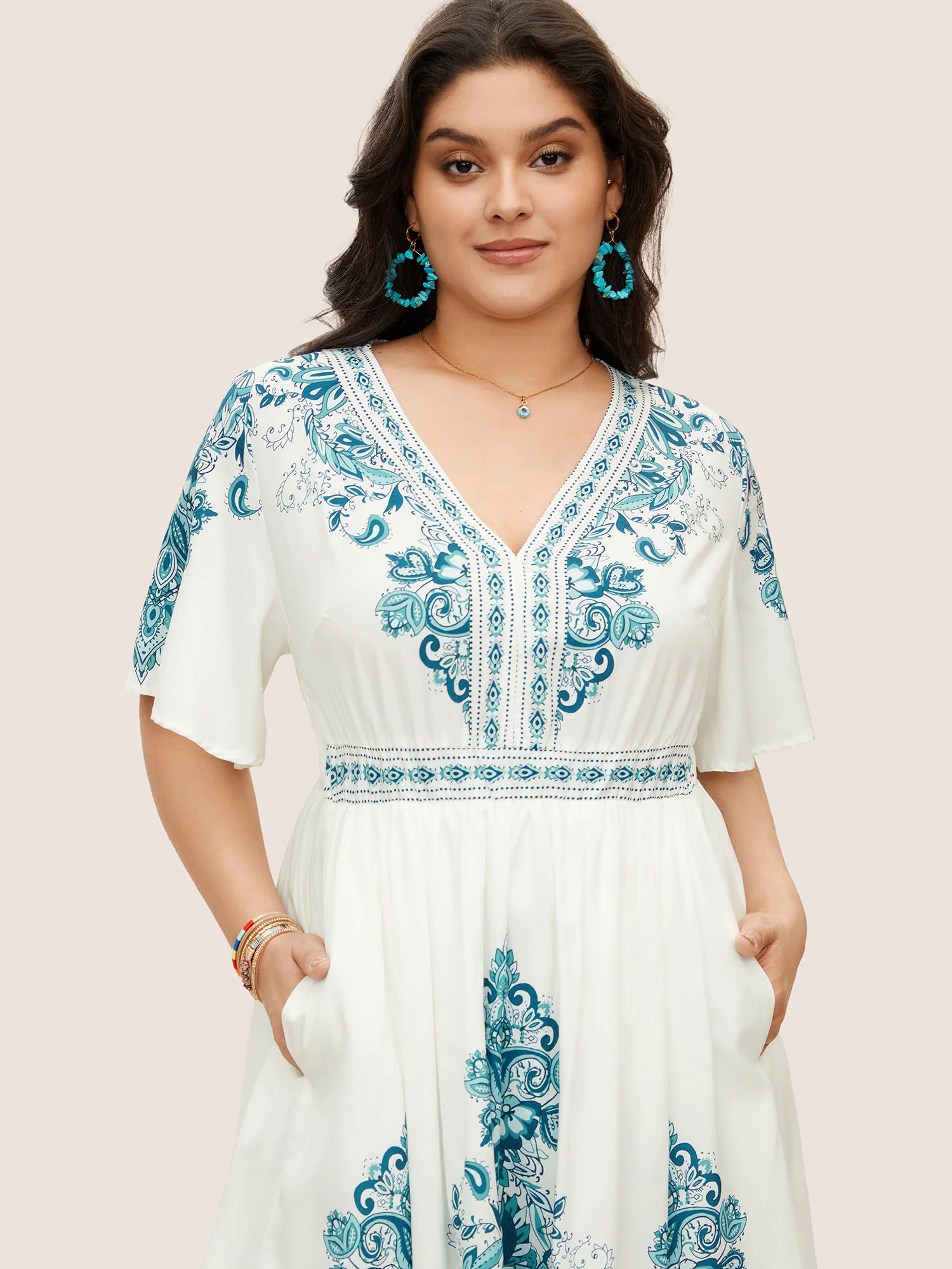 Bandana Print Ruffle Sleeve V Neck Pocket Knee Dress Bandana Print Ruffle Sleeve V Neck Pocket Knee Dress