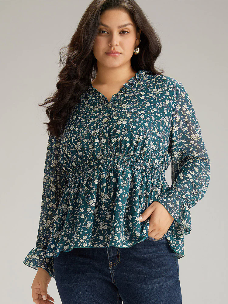Ditsy Floral Chiffon Shirred Ruffles Frill Trim Blouse Ditsy Floral Chiffon Shirred Ruffles Frill Trim Blouse