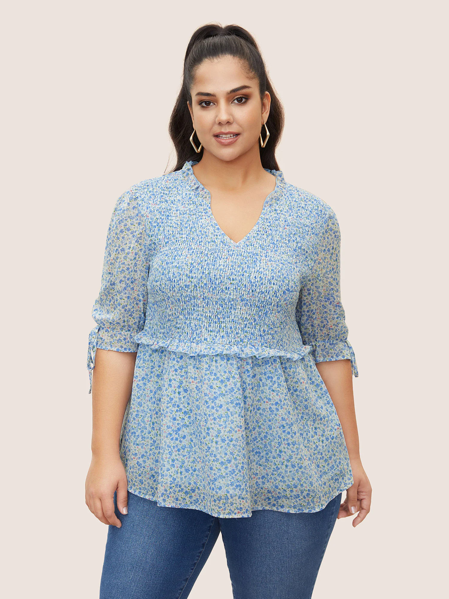Chiffon Ditsy Floral Ruffles Shirred Ties Blouse Chiffon Ditsy Floral Ruffles Shirred Ties Blouse