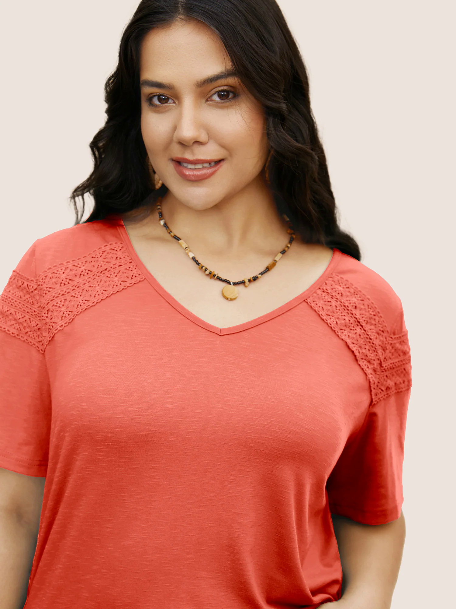 Plain V Neck Lace Panel T-shirt Plain V Neck Lace Panel T-shirt