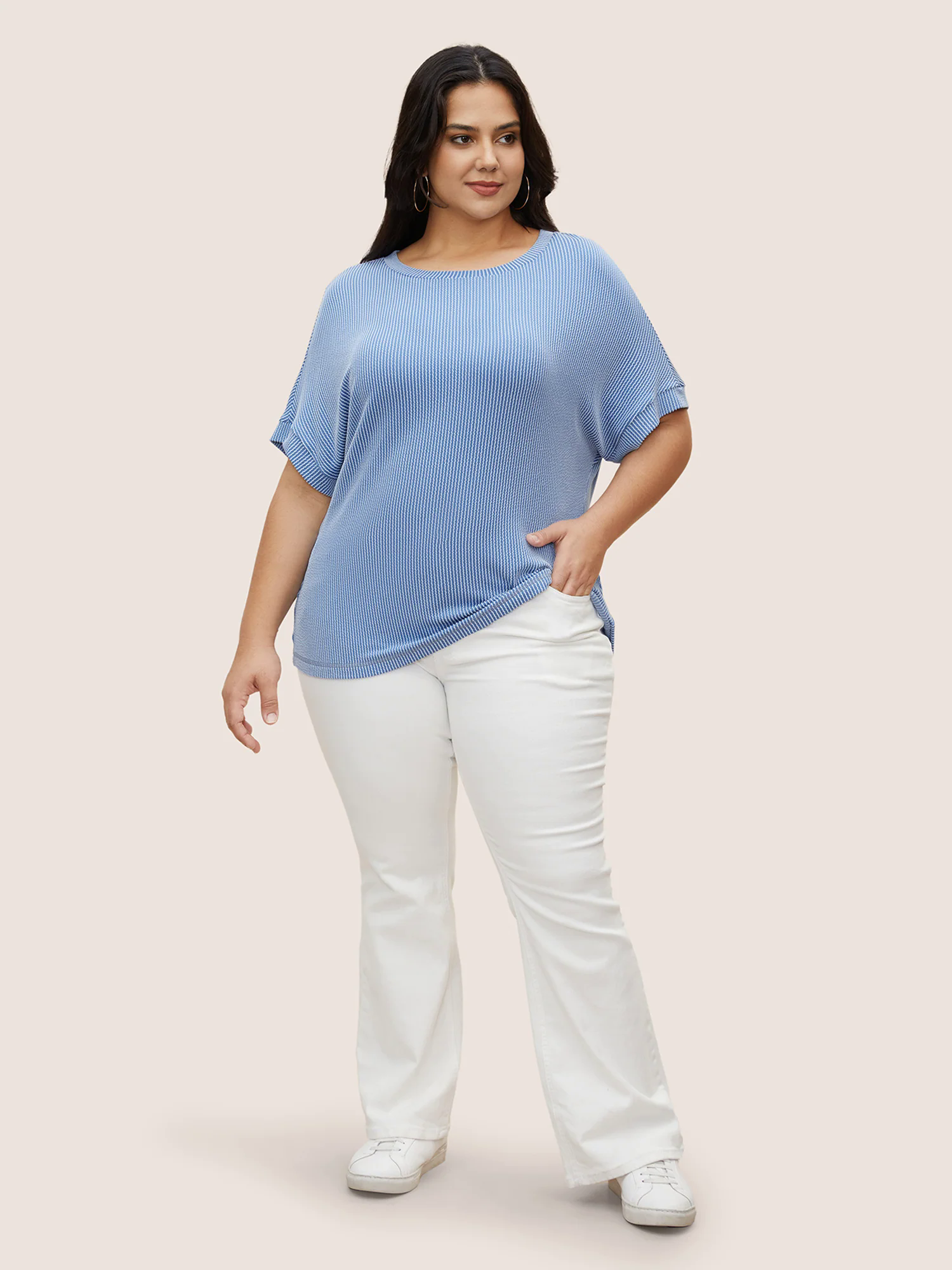 Striped Round Neck Batwing Sleeve T-shirt Striped Round Neck Batwing Sleeve T-shirt