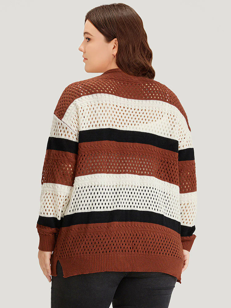 Colorblock Contrast Geo Eyelet Button Through Cardigan