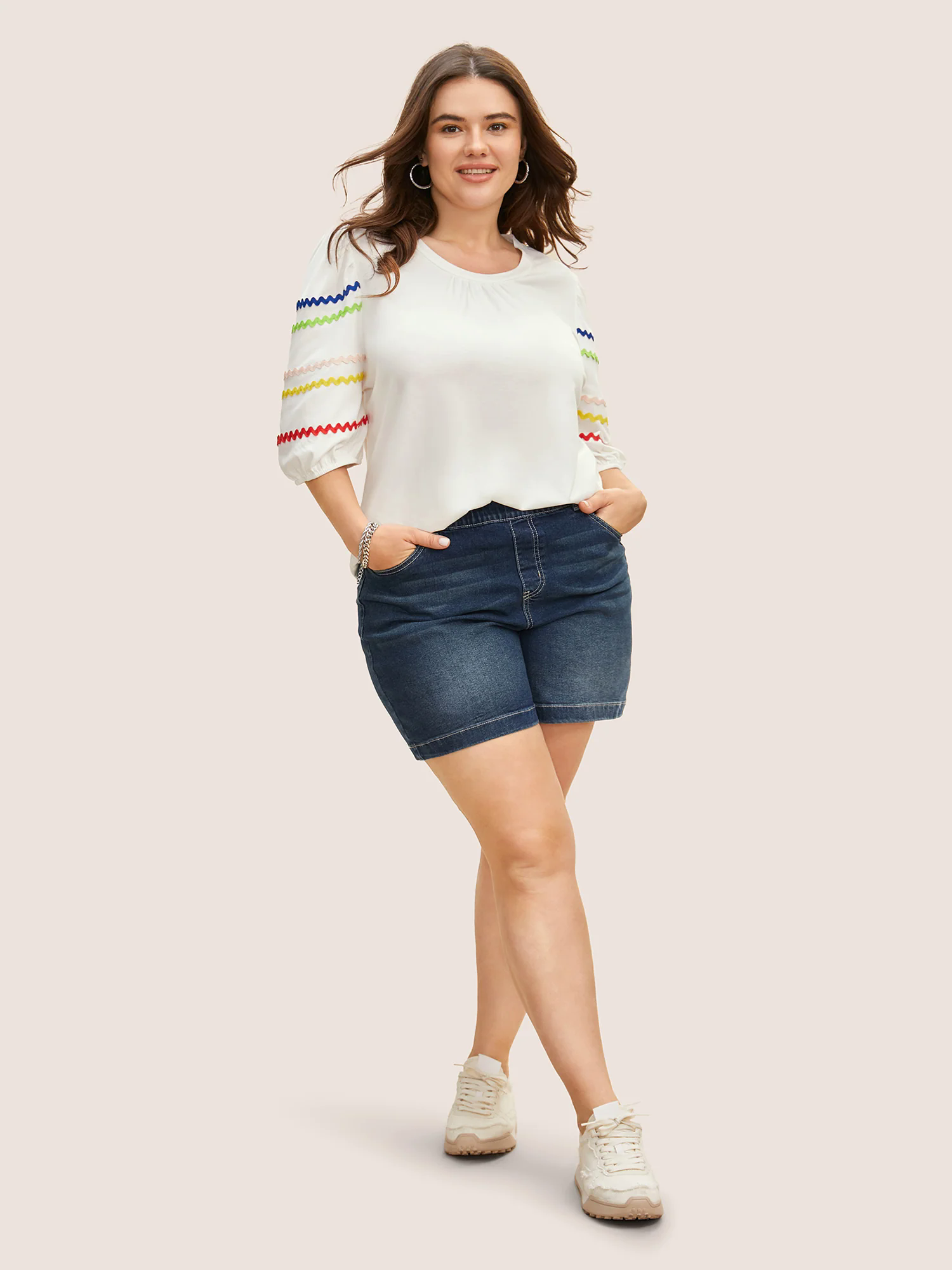 Round Neck Contrast Webbing Lantern Sleeve T-shirt Round Neck Contrast Webbing Lantern Sleeve T-shirt