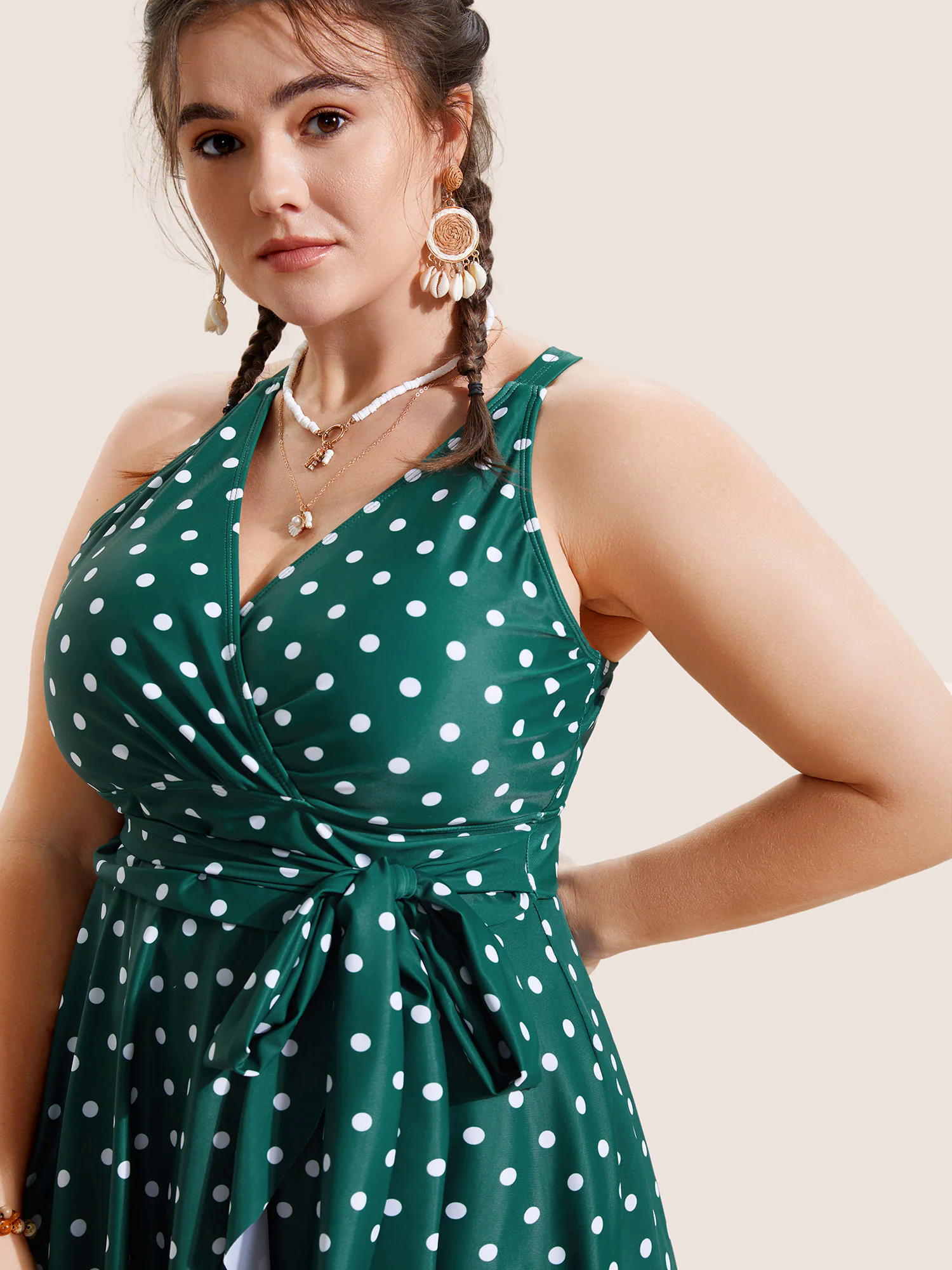 Overlap Collar Polka Dot Tie Knot Ruffles Swim Dress