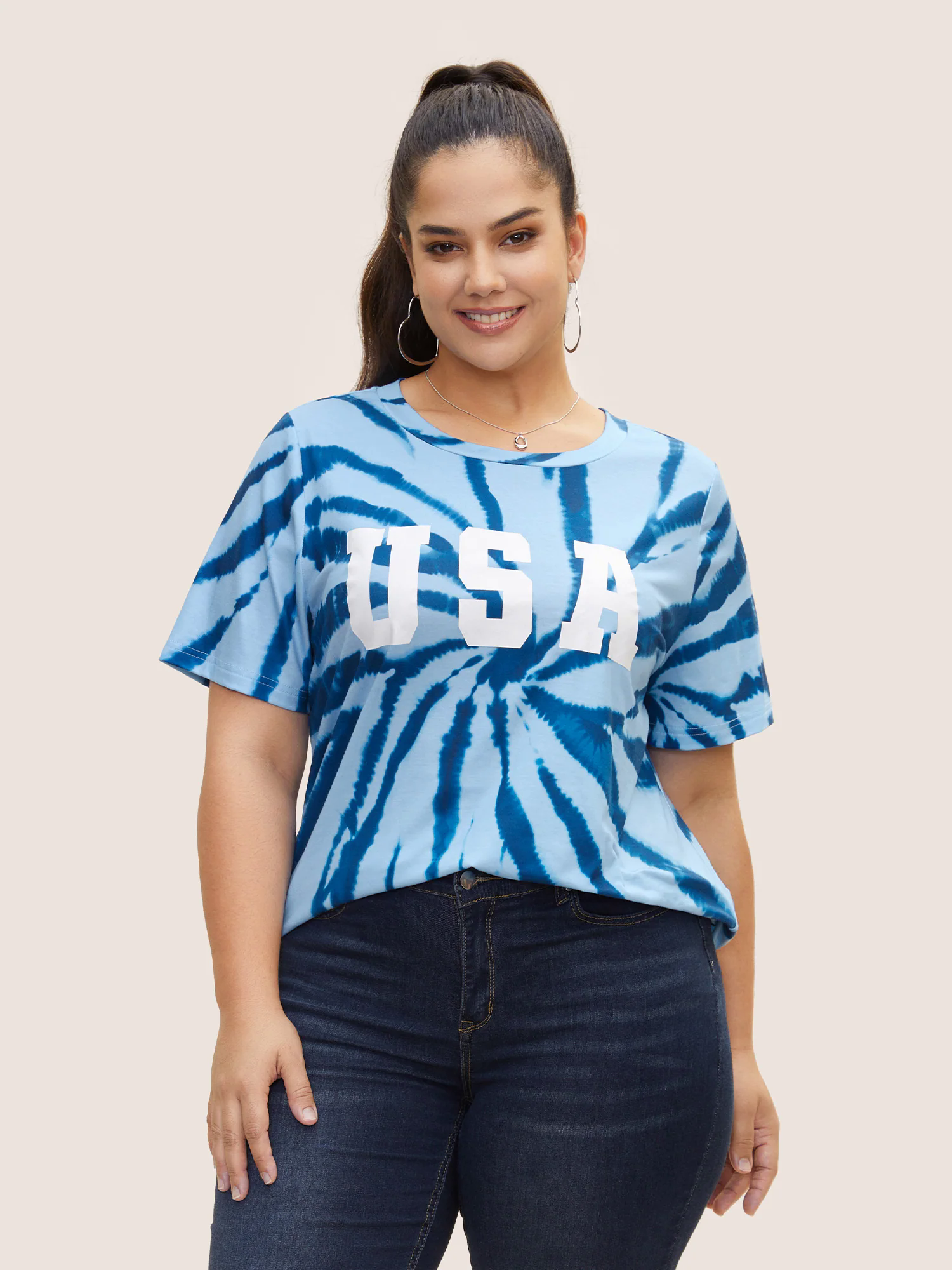 USA Print Round Neck Tie Dye T-Shirt