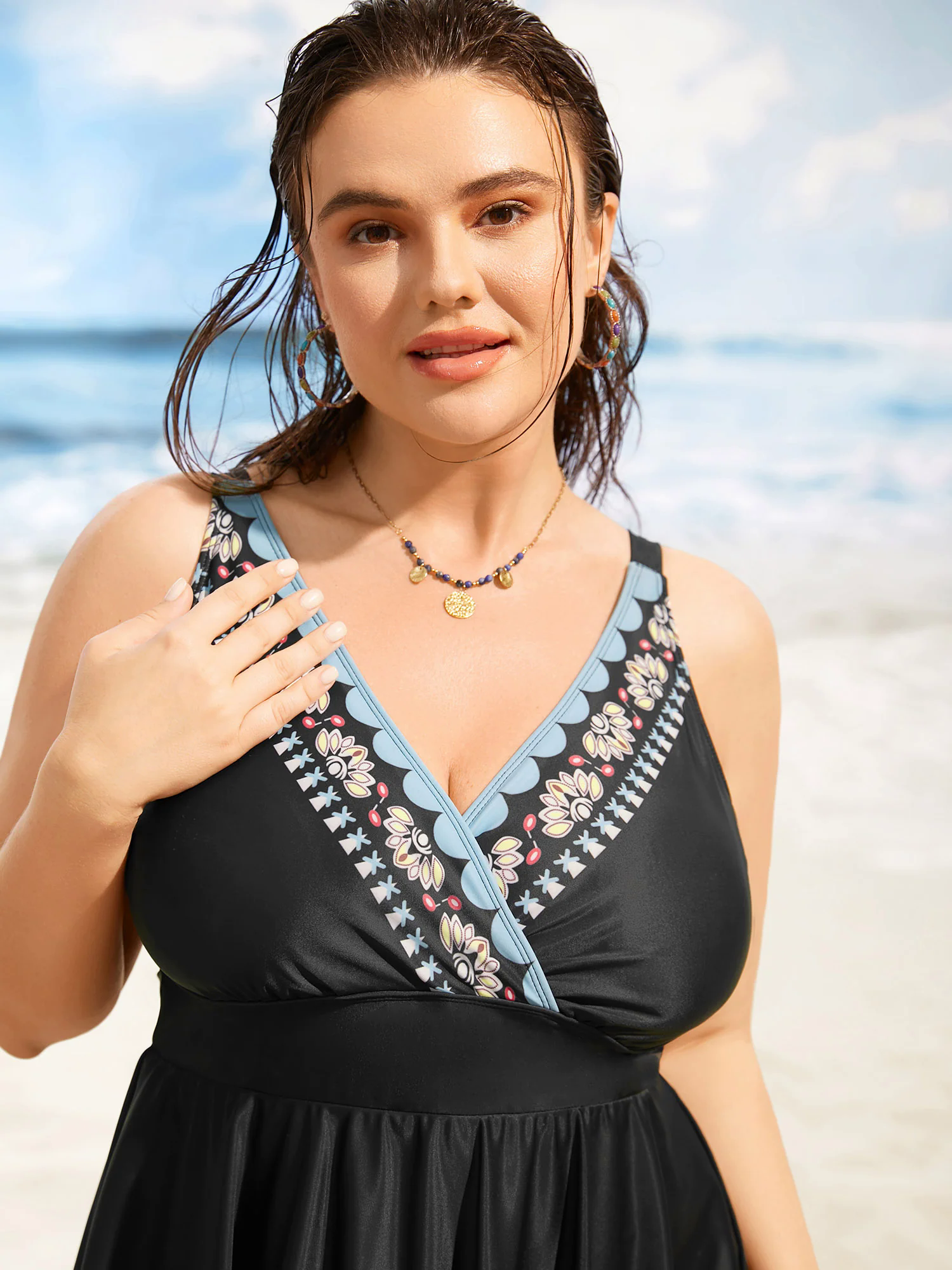 Overlap Collar Boho Print Hanky Hem Swim Dress Overlap Collar Boho Print Hanky Hem Swim Dress