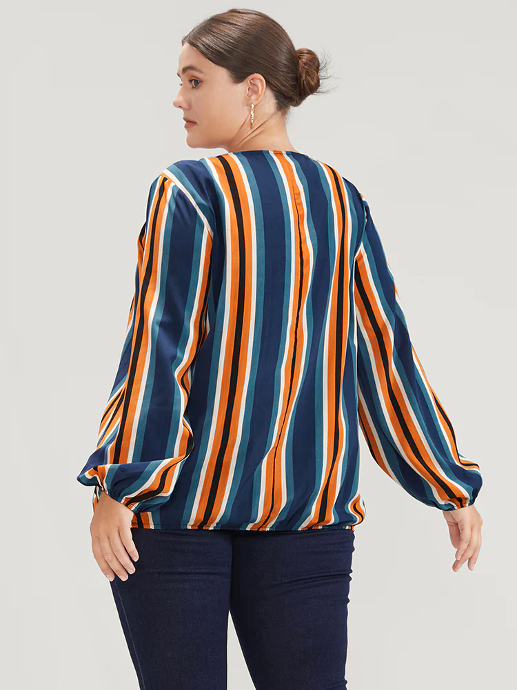 Striped Lantern Sleeve Wrap Blouse Striped Lantern Sleeve Wrap Blouse