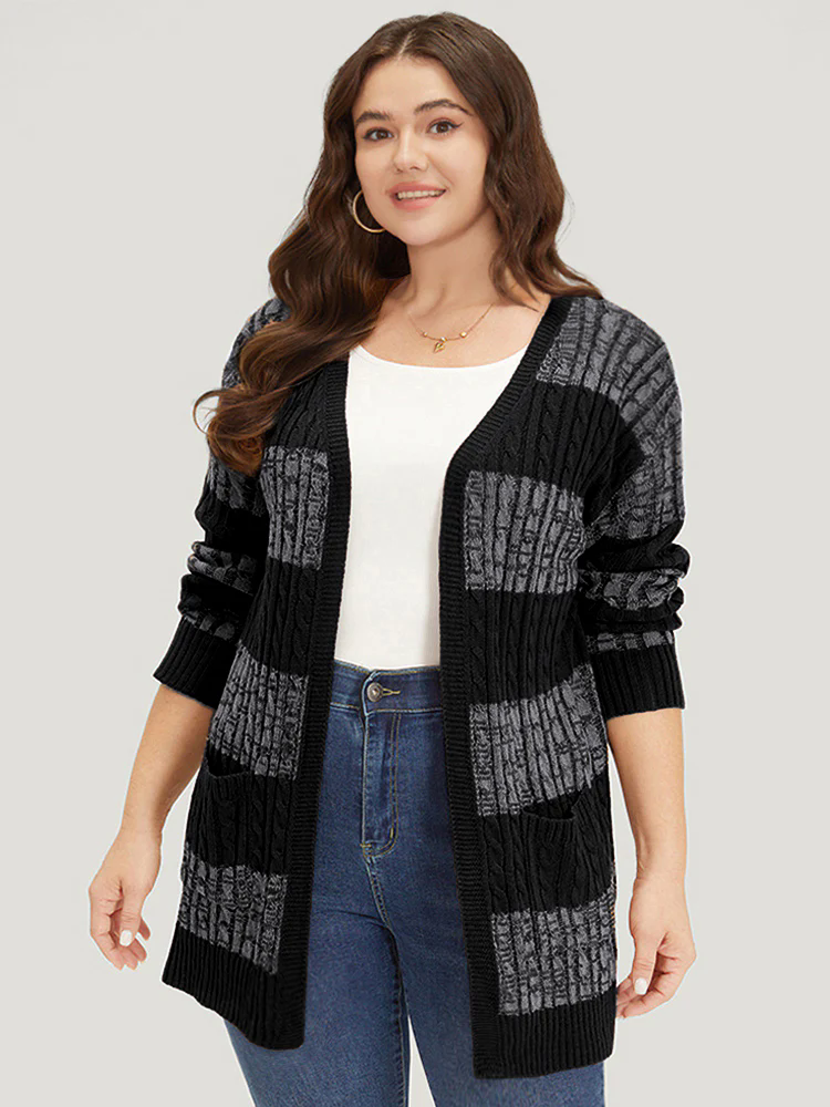 Halloween Colorblock Cable Knit Patched Pocket Cardigan Halloween Colorblock Cable Knit Patched Pocket Cardigan