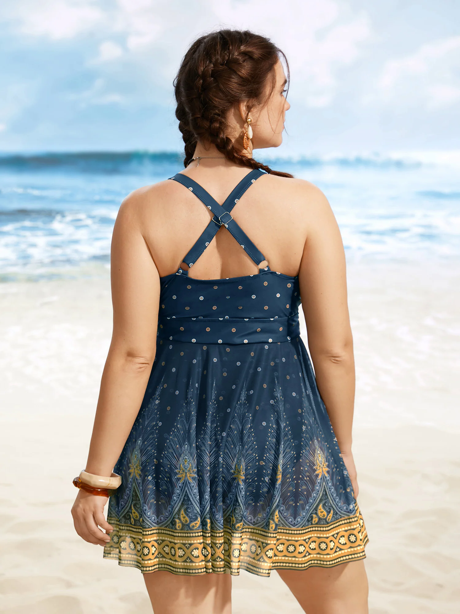 Boho Print Overlap Collar Mesh Crisscross Swim Dress Boho Print Overlap Collar Mesh Crisscross Swim Dress