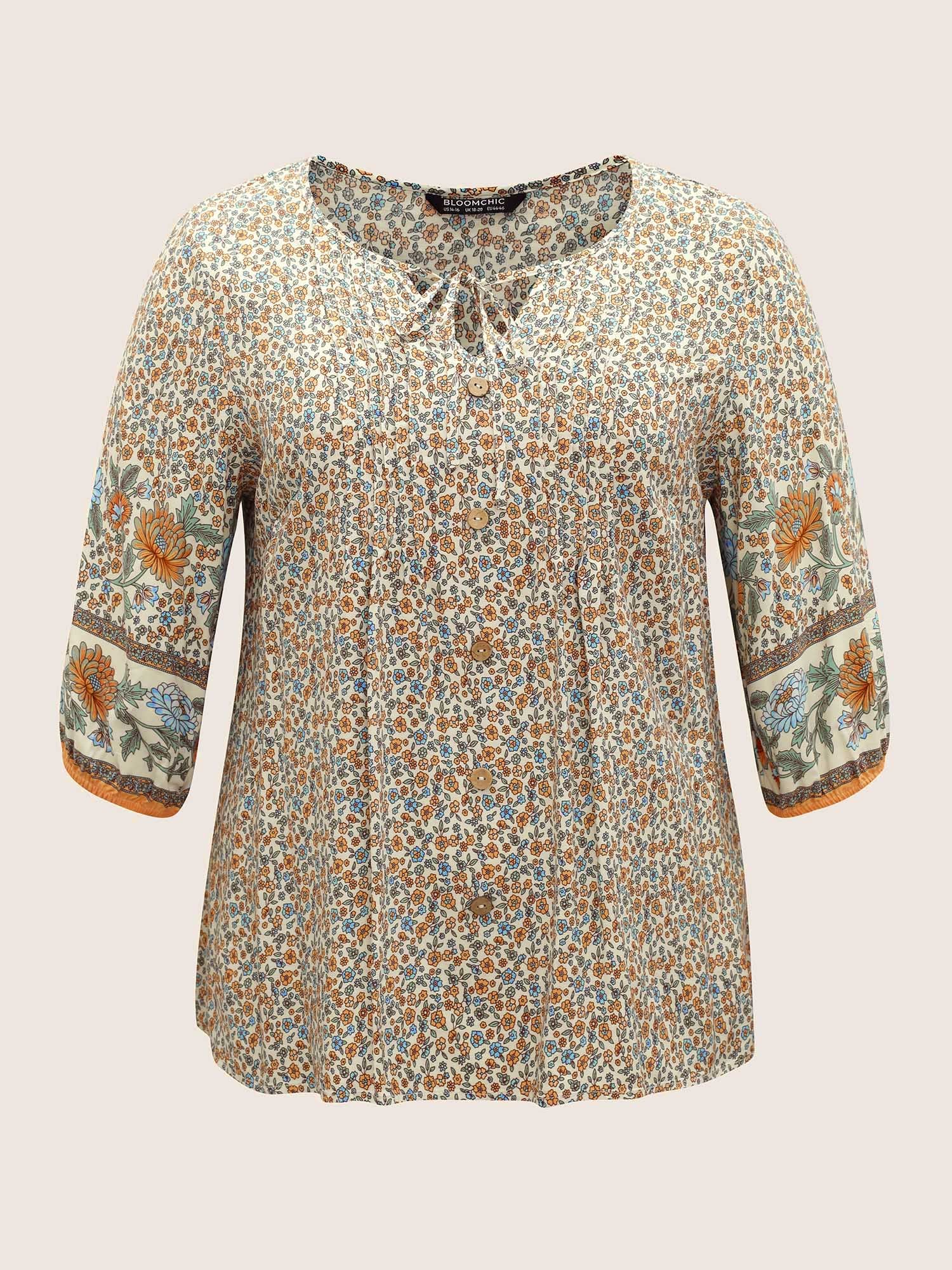 Boho Print Pleated Button Detail Tie Neck Blouse