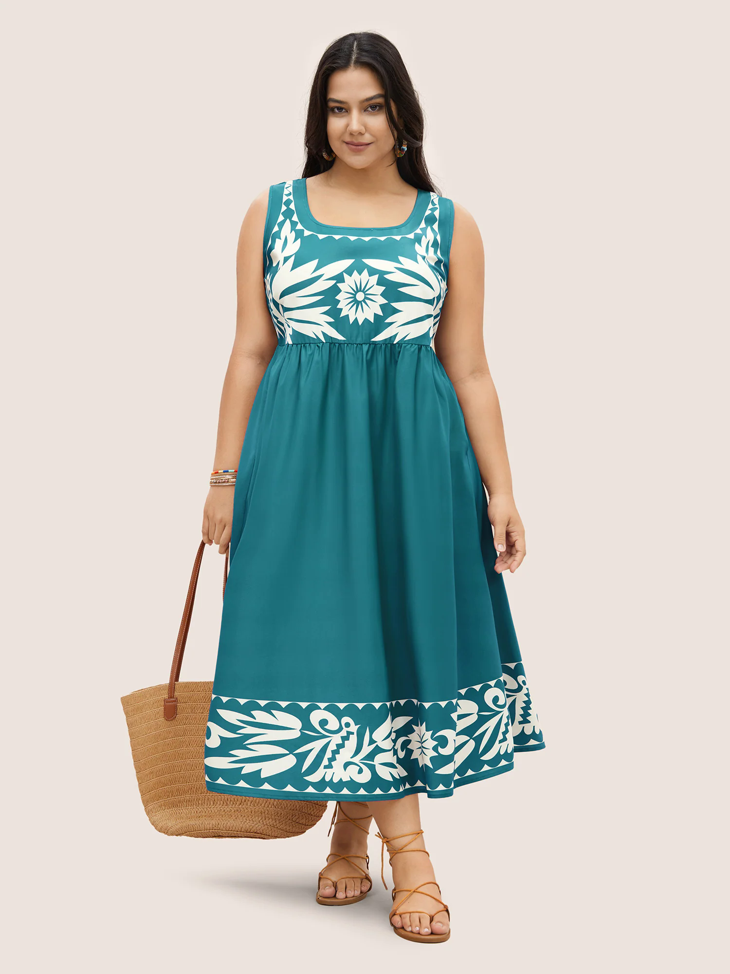 Boho Print Square Neck Elastic Waist Tank Dress Boho Print Square Neck Elastic Waist Tank Dress