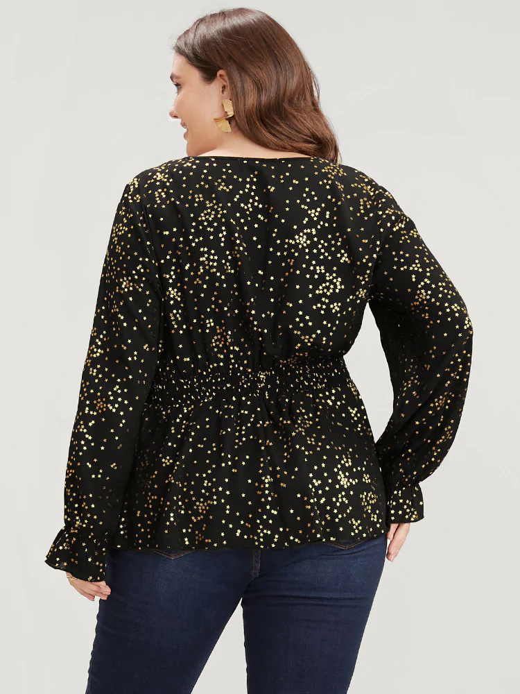 Star Print Lantern Sleeve Asymmetrical Ruffles Hem Wrap Blouse Star Print Lantern Sleeve Asymmetrical Ruffles Hem Wrap Blouse