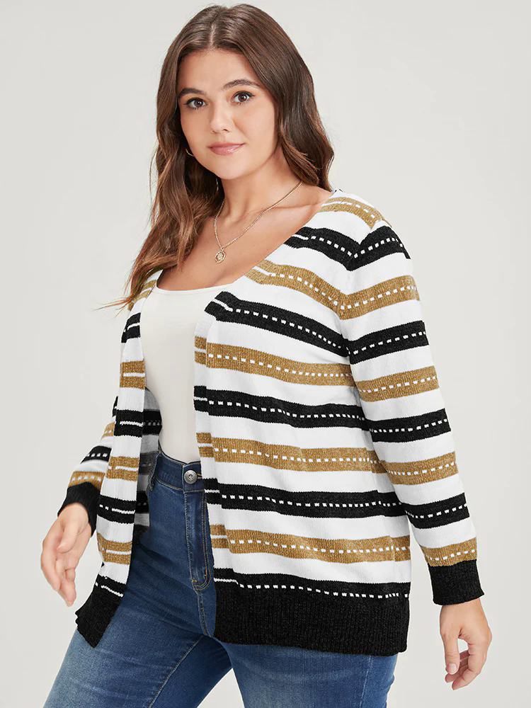 Striped Contrast Pointelle Knit Jacquard Open Front Cardigan Striped Contrast Pointelle Knit Jacquard Open Front Cardigan